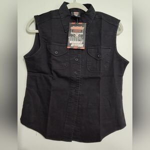 Vintage Women's Black denim button up sleeveless shirt Med Biker Grunge Goth NOS